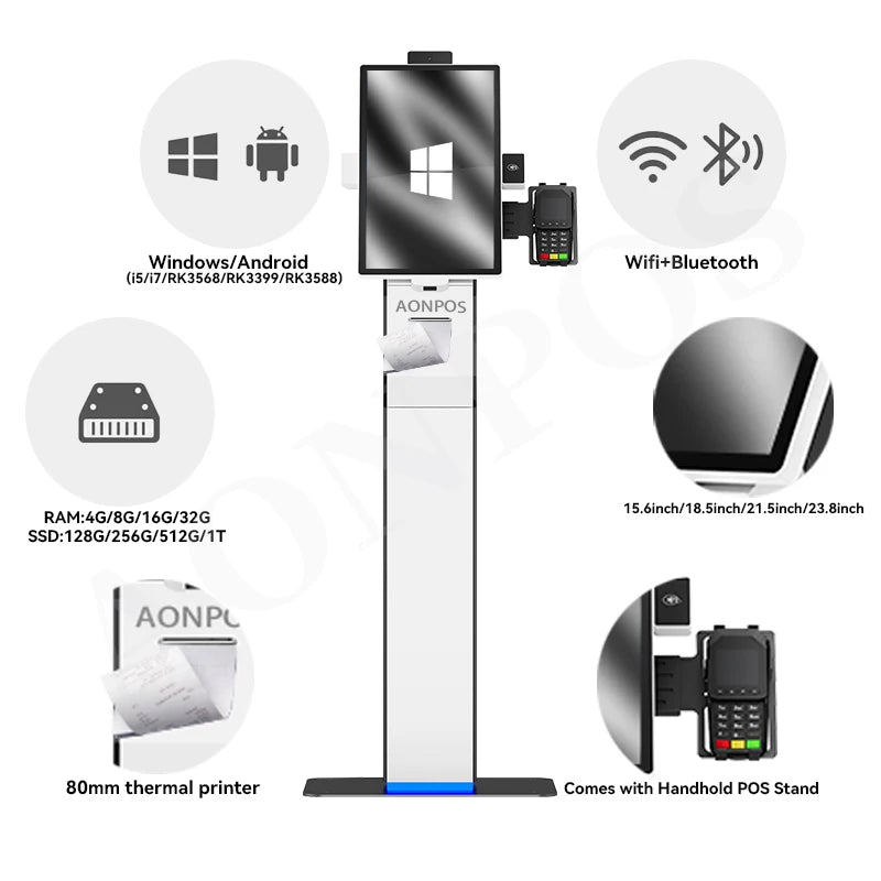 Aonpos All in One Touch Screen Payment Kiosk 15.6/18.5/21.5/23.8 Inch Kiosk Touch Screen Capacitive Floor Stand Kiosk