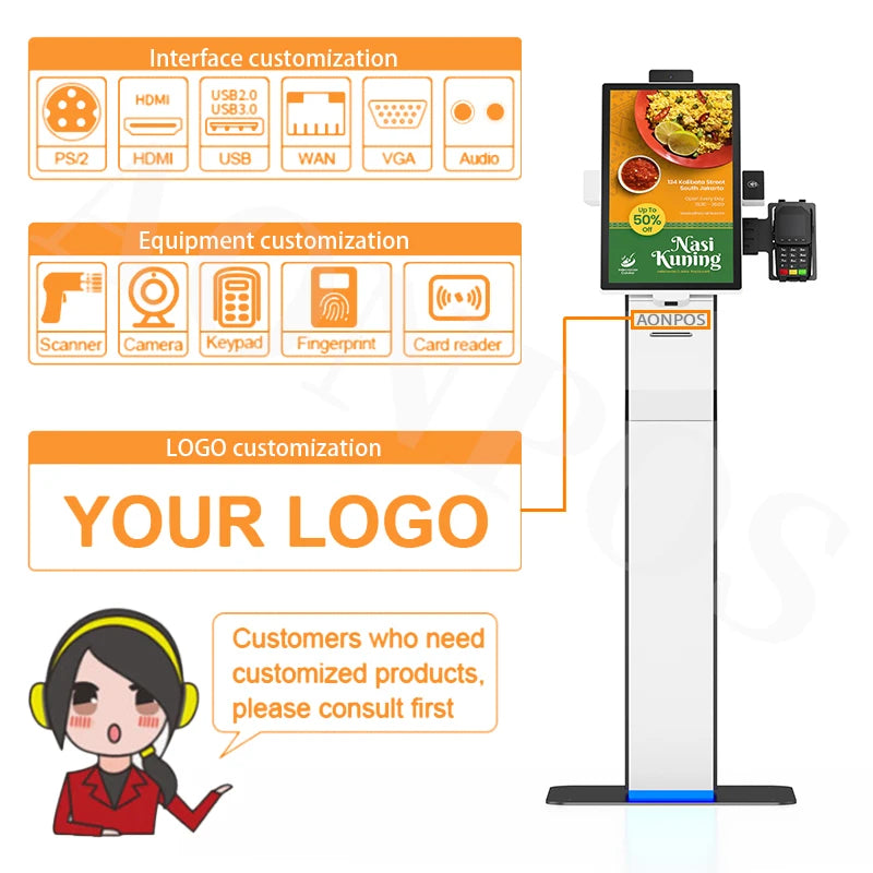 Aonpos All in One Touch Screen Payment Kiosk 15.6/18.5/21.5/23.8 Inch Kiosk Touch Screen Capacitive Floor Stand Kiosk