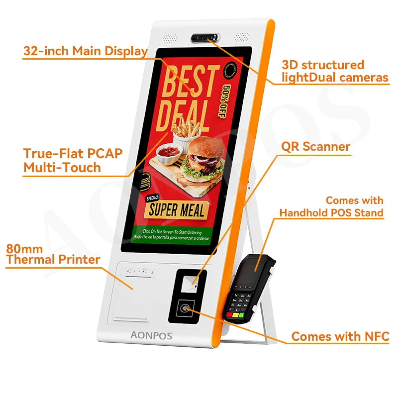Aonpos 32 Inch Touch Screen Kiosk Smart Tabletop Windows Water Proof VGA/USB All in One Kiosk System With QR Code Scanner