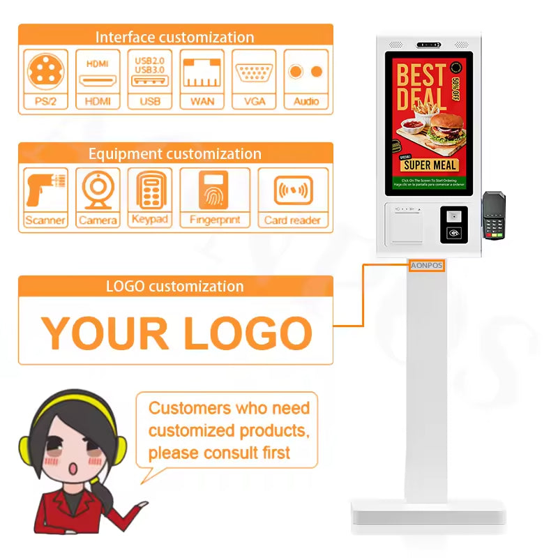 07 AONPOS Custom Self-Ordering Kiosk Machine for Restaurants 丨 21.5"-32" Touch Screen Payment Kiosk